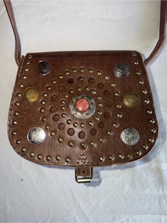 None Handbags - Brown Leather Stud-Embellished Crossbody Bag with Center Stone Accent